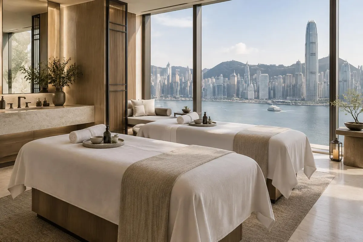 香港酒店 SPA 指南封面：雙人療程房與維港景觀（AI 情境示意，非實際店舖）